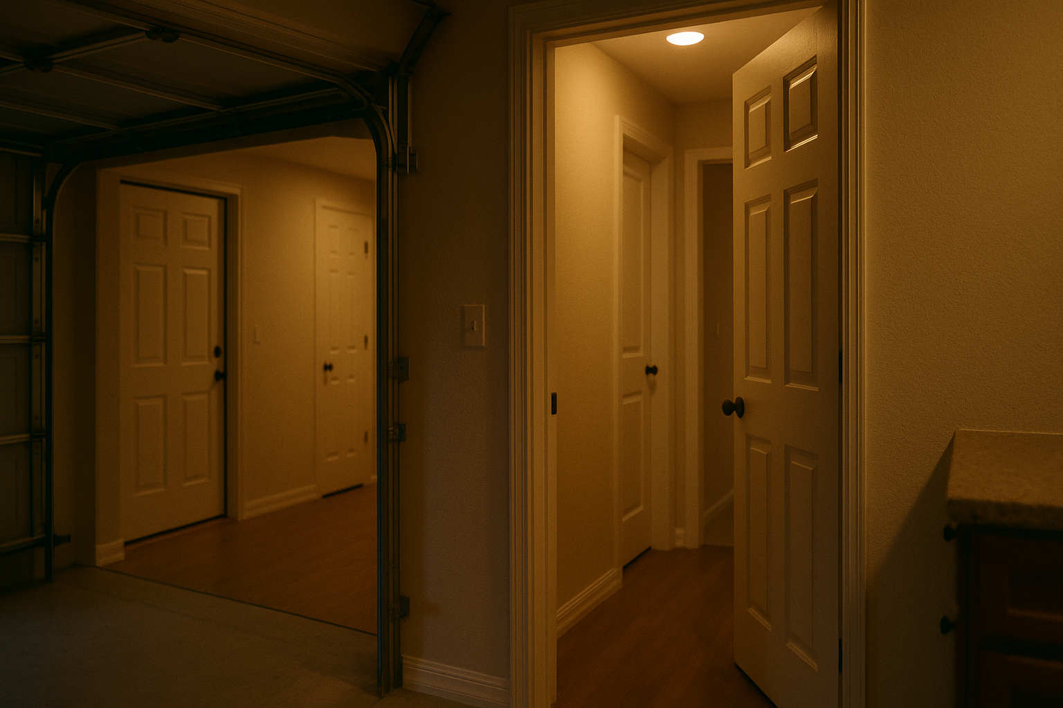 Apartment hallway with neighboring unit doors — CO can travel between shared walls