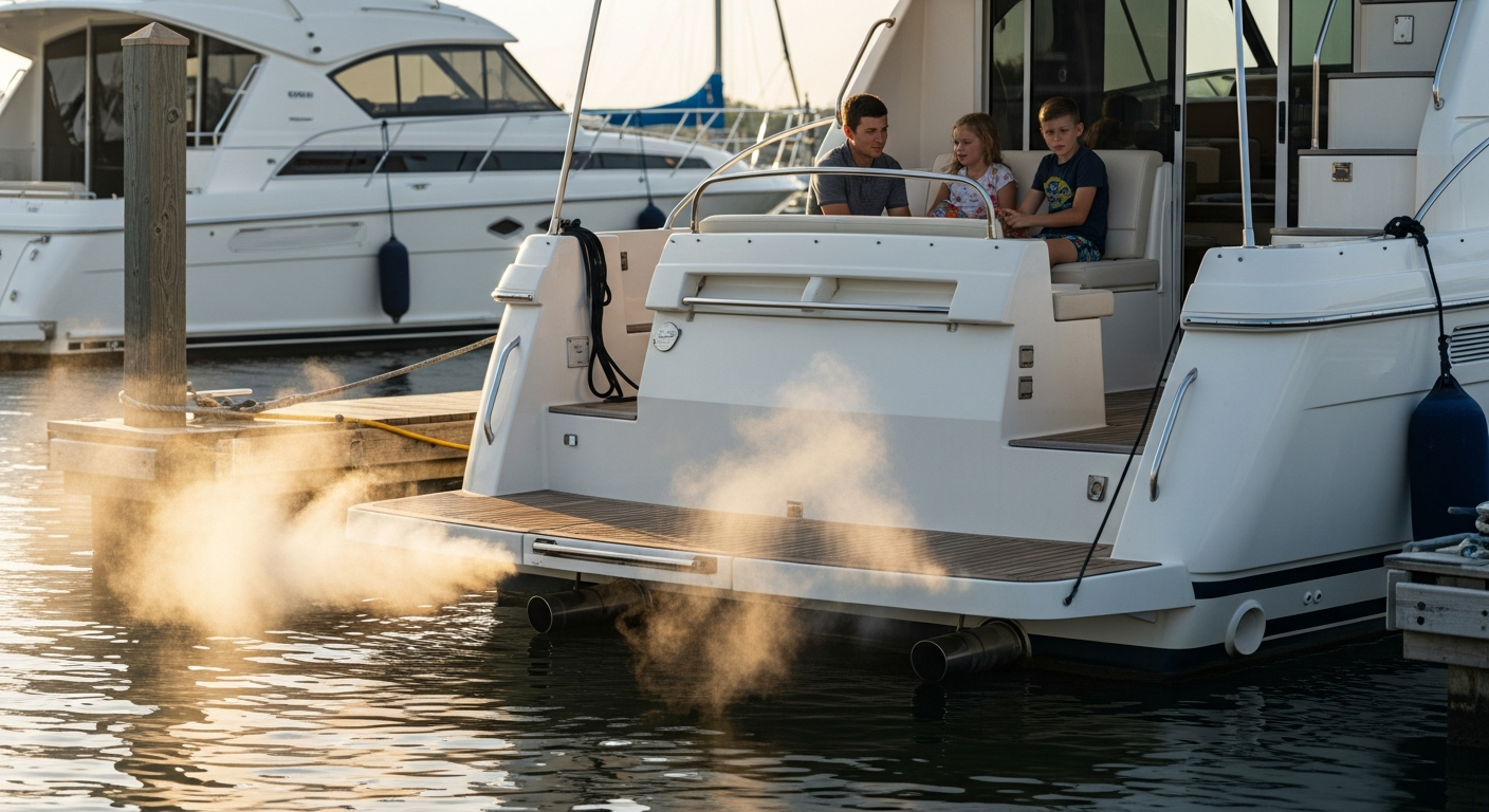 Exhaust fumes rising from boat stern near swim platform — a CO concentration zone