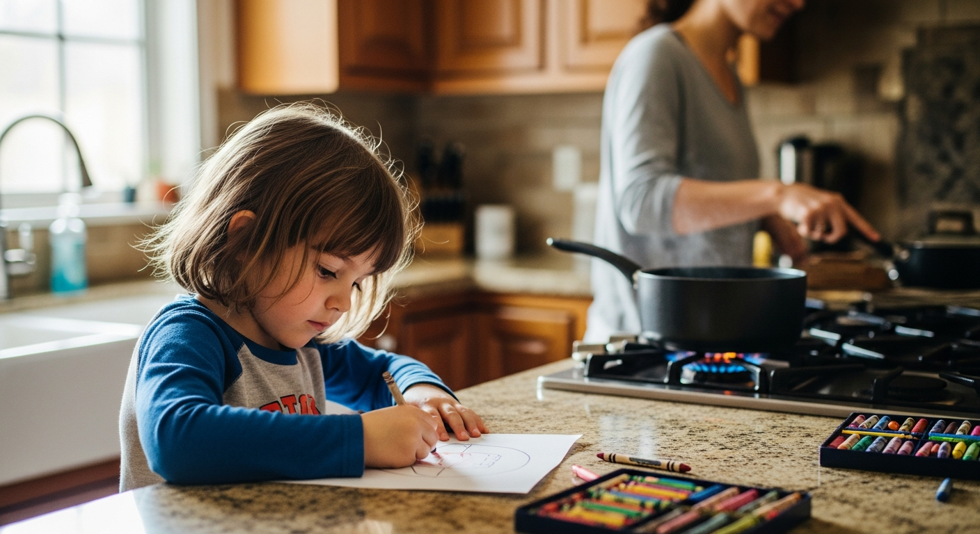 Child at kitchen counter while adult cooks on gas stove