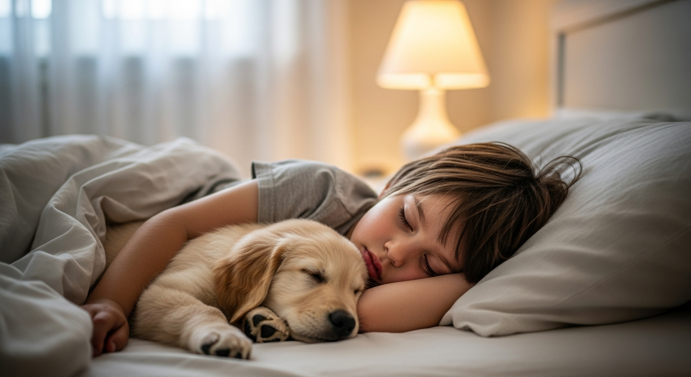 Child sleeping with pet — both more vulnerable to early carbon monoxide poisoning symptoms