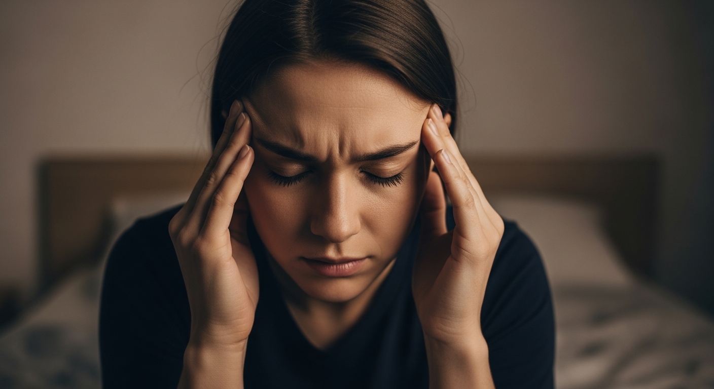 Person holding head in headache pain indoors