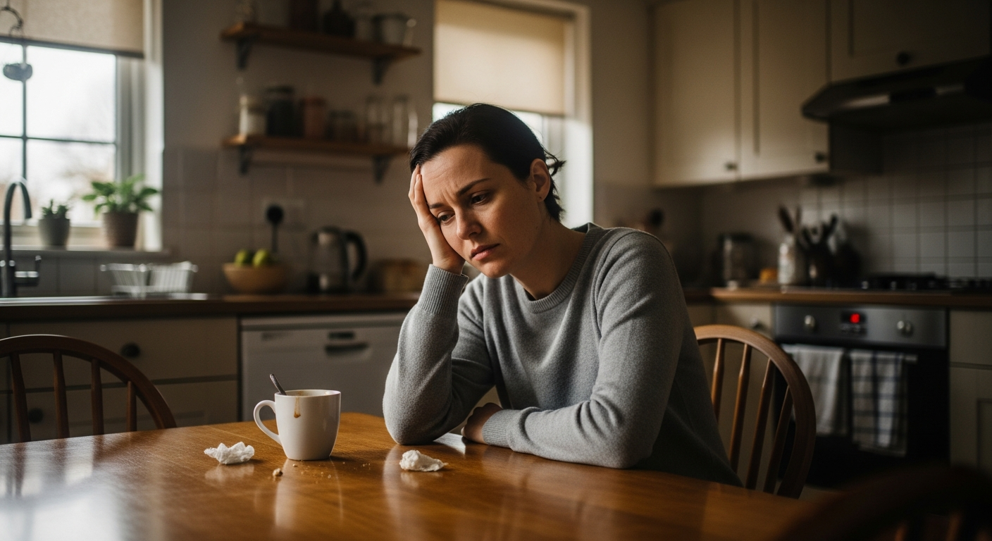 Person feeling unwell at kitchen table
