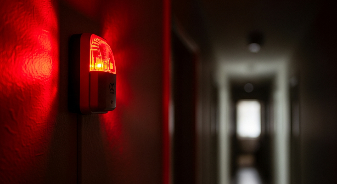 CO detector red alarm light in dark hallway