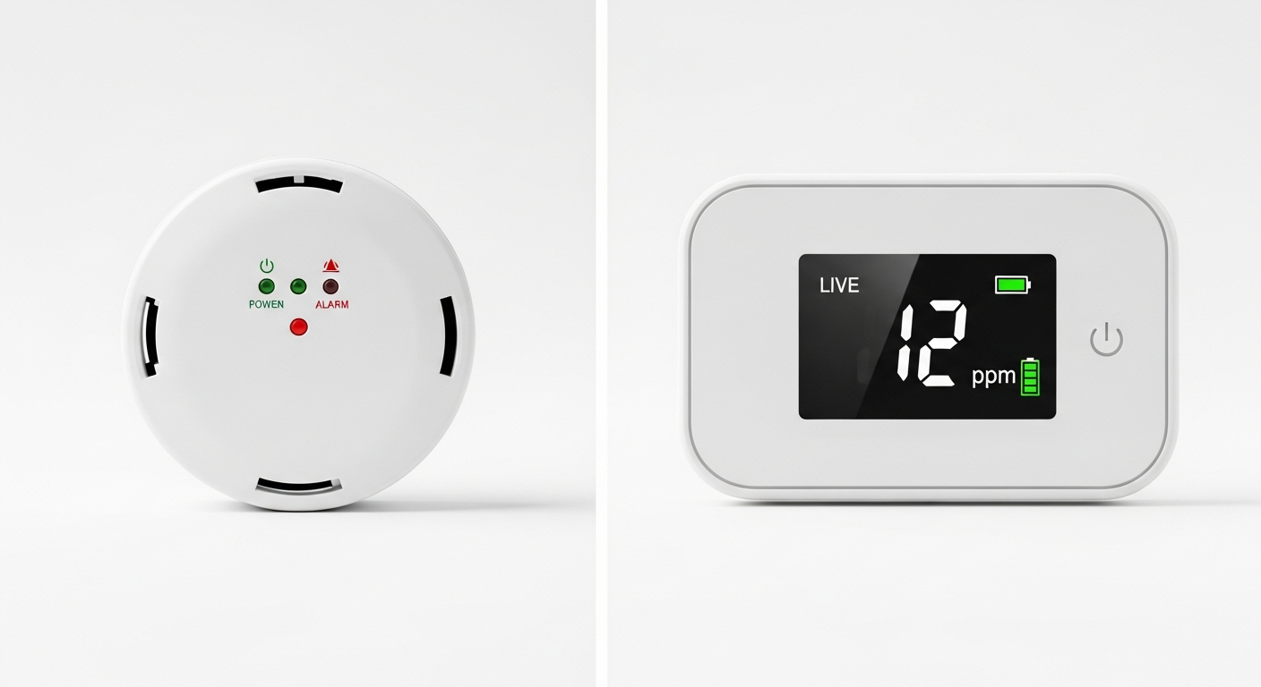 Side-by-side comparison of basic alarm-only detector vs live PPM display detector