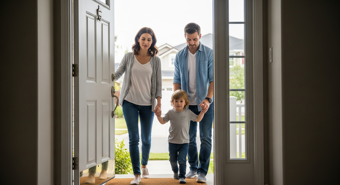 Family walking out of house to fresh air