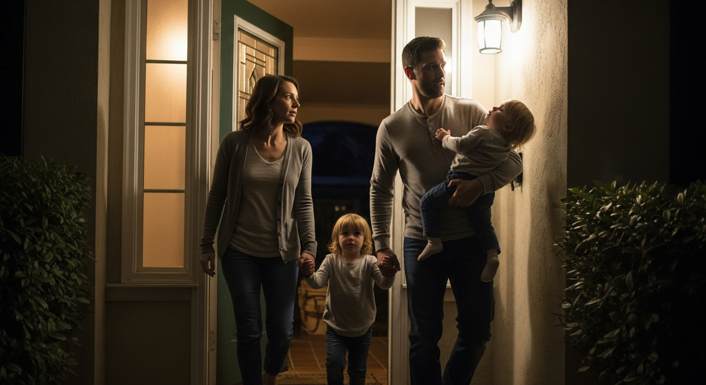 Family calmly exiting home after CO alarm