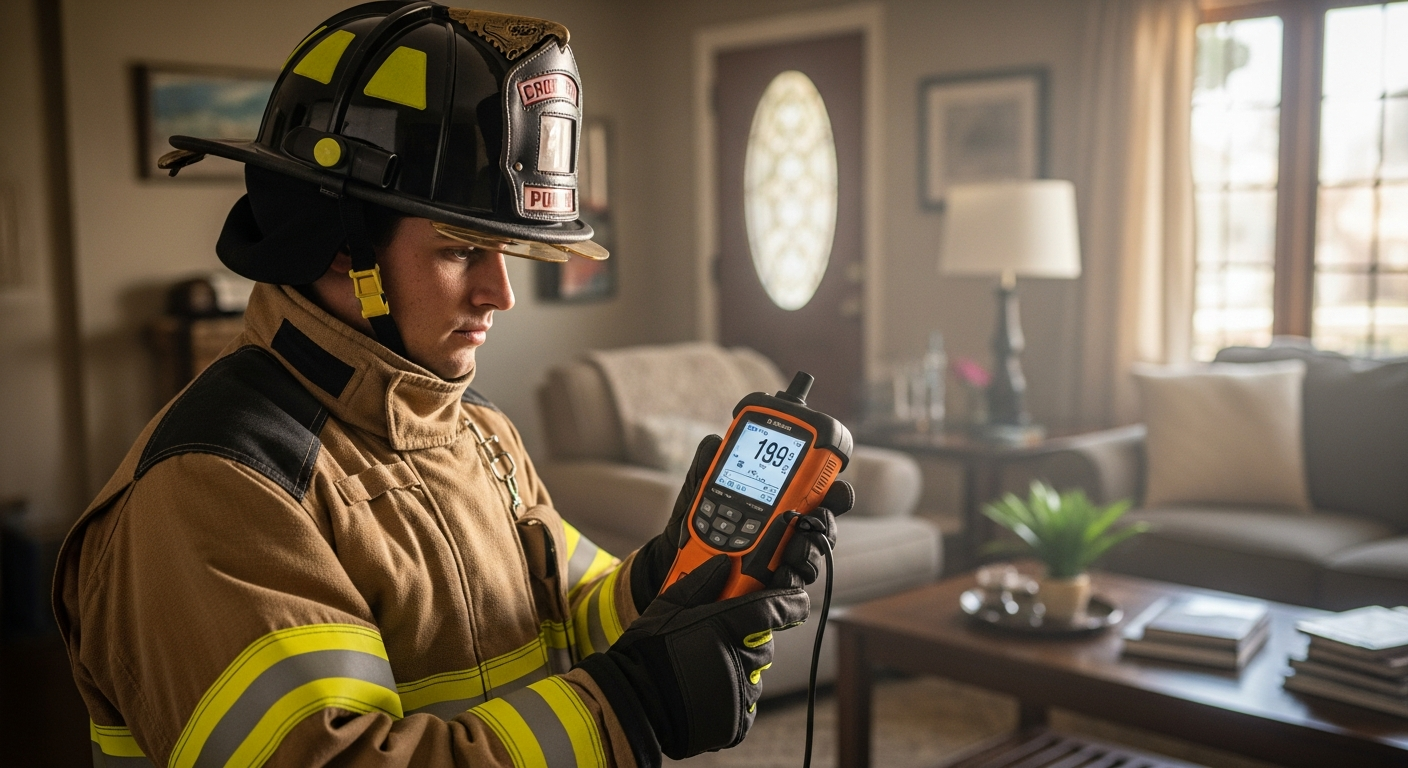 Firefighter checking air quality with professional CO meter