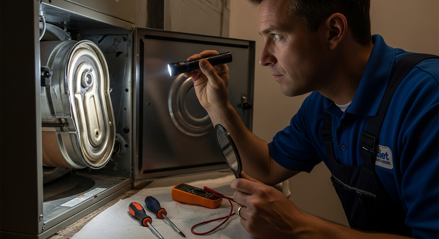HVAC technician inspecting furnace heat exchanger with flashlight