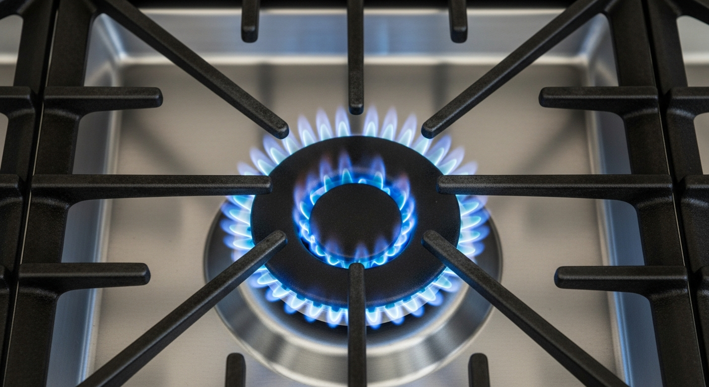 Overhead view of blue gas stove flame