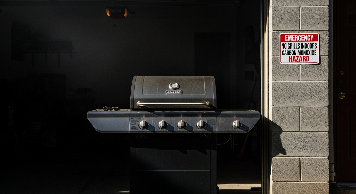 Propane grill left running inside a garage — a leading cause of CO fatalities