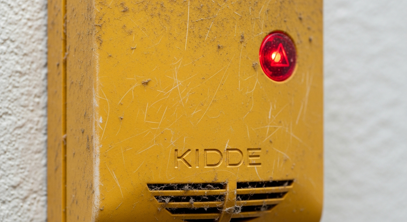 Old yellowed CO detector with warning LED