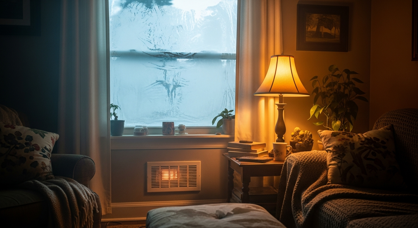 Home sealed in winter with frost on windows and heating running