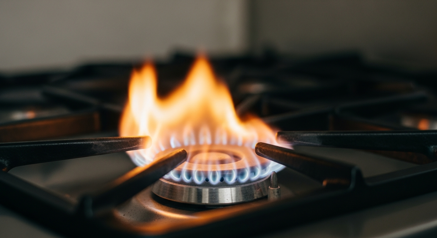Gas stove burner with yellow-orange flame indicating incomplete combustion